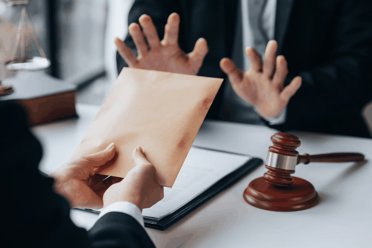 Envelope handed across a desk beside a gavel — smart notifications for every deadline
