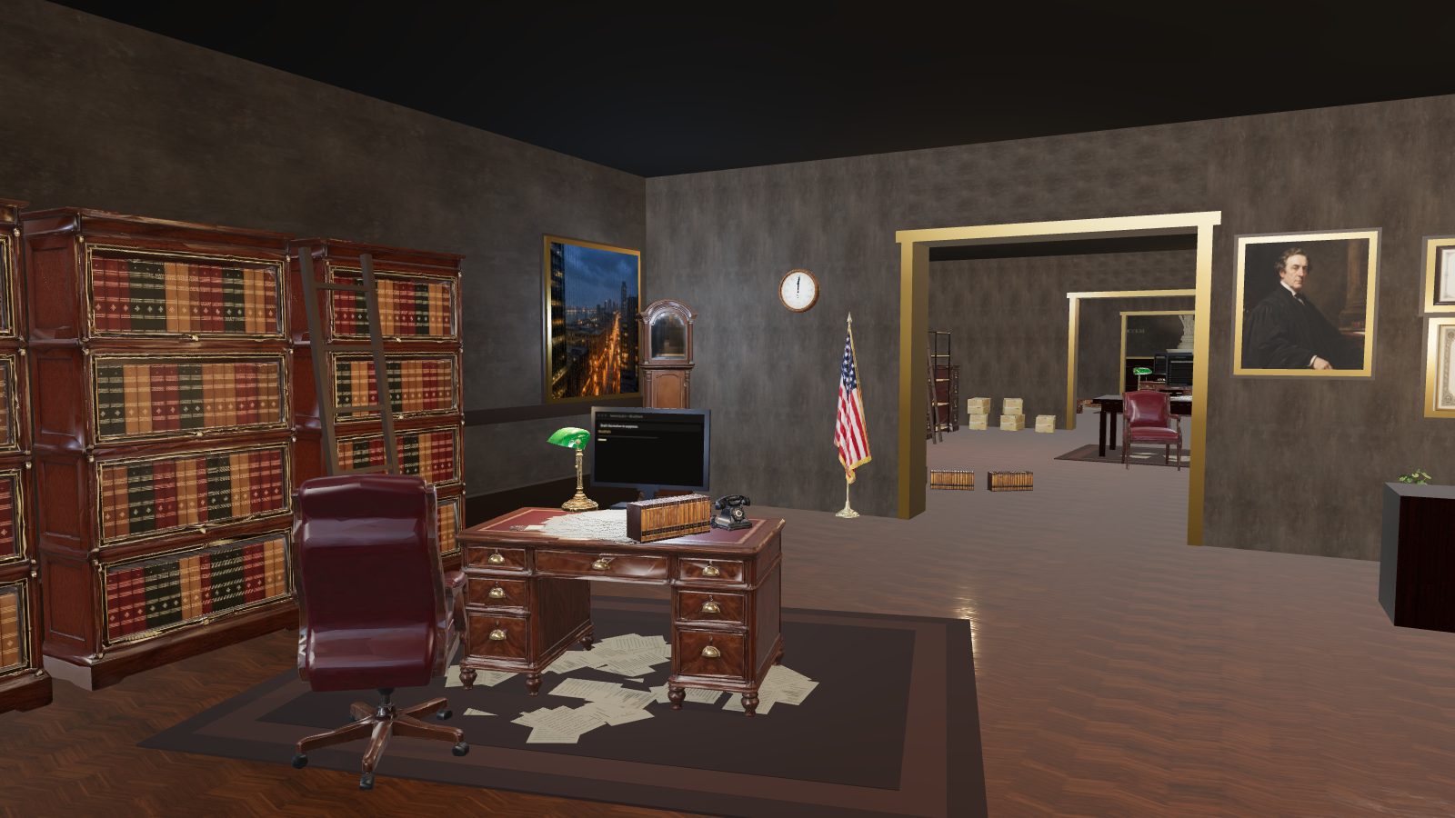 A lawyer's office rendered in 3D: bookcases, a desk buried in paper, and the courtroom beyond